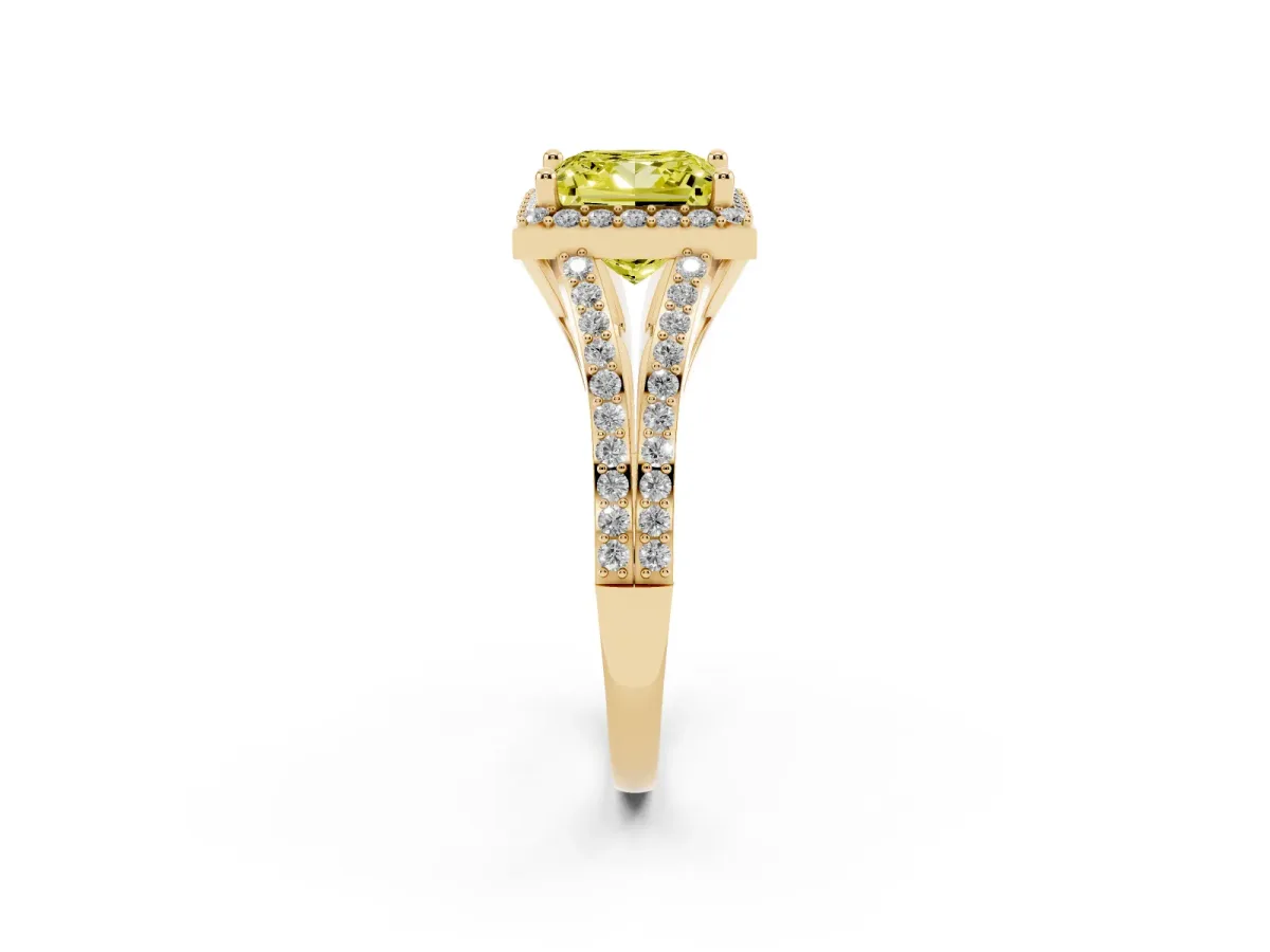 Fancy Yellow Princess Cut Halo Split Shank Pave Diamond Ring with Four-Prong Setting Yellow gold