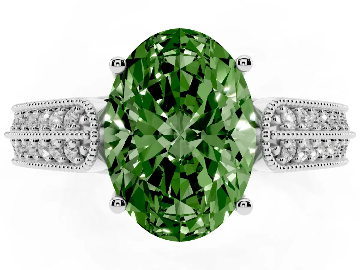 Fancy Green Oval Cut Cut Pave Split Shank Engagement Ring with Four-Prong Setting Silver