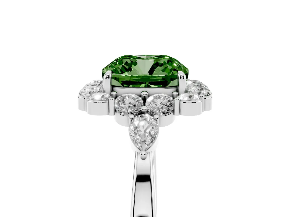 Fancy Green Cushion Cut Diamond Halo Ring with Pear Side Stones and Prong Setting Silver