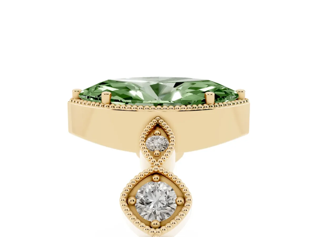 Fancy Green Marquise Cut Diamond Vintage Milgrain Ring with Round Stations Yellow gold