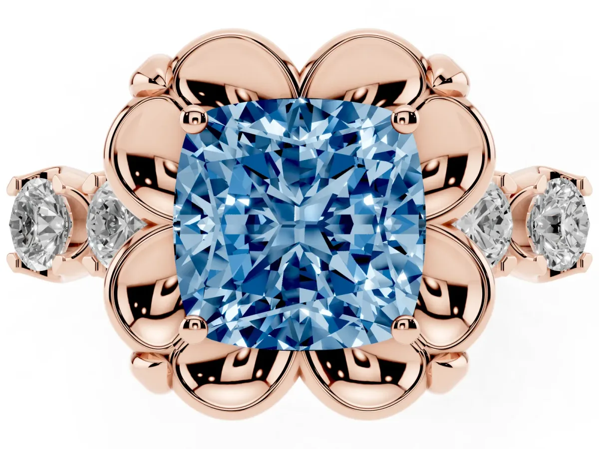 Fancy Blue Cushion Cut Cut Diamond Floral Halo Engagement Ring with Shared Prong Setting Rose gold