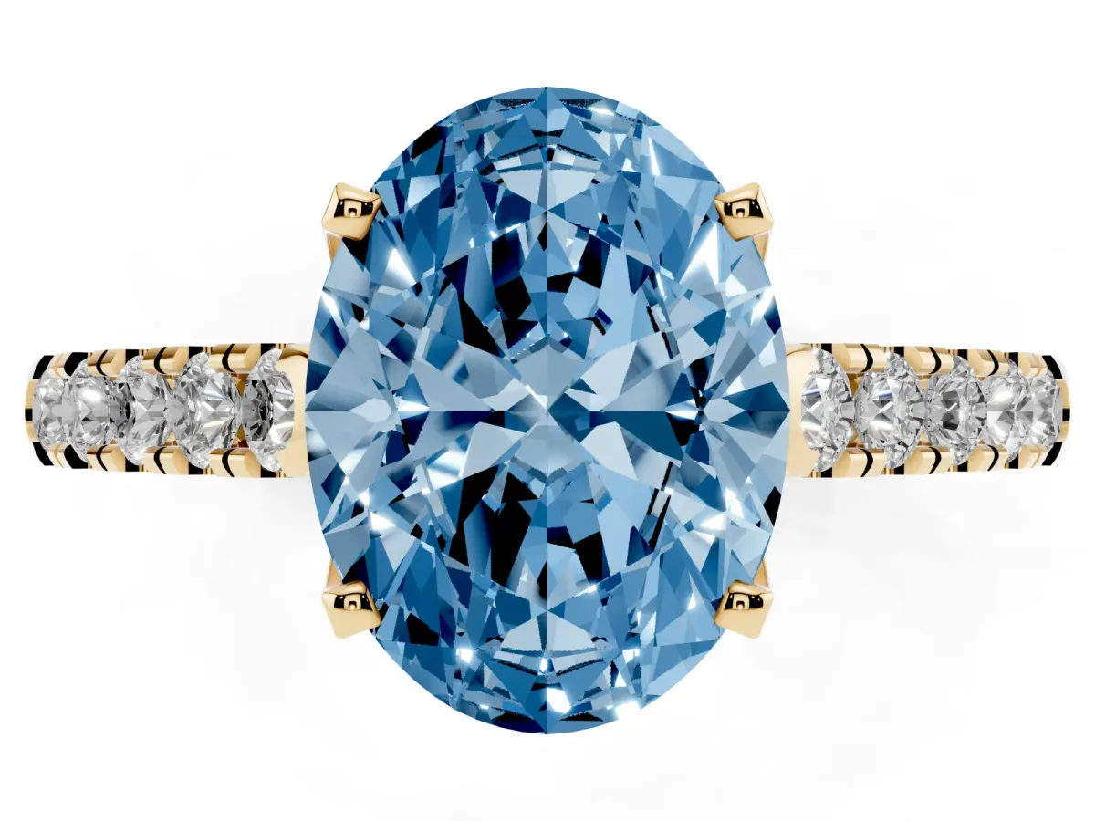Fancy Blue Oval Cut Diamond Pavé Band Solitaire Ring with Prong Setting Yellow gold