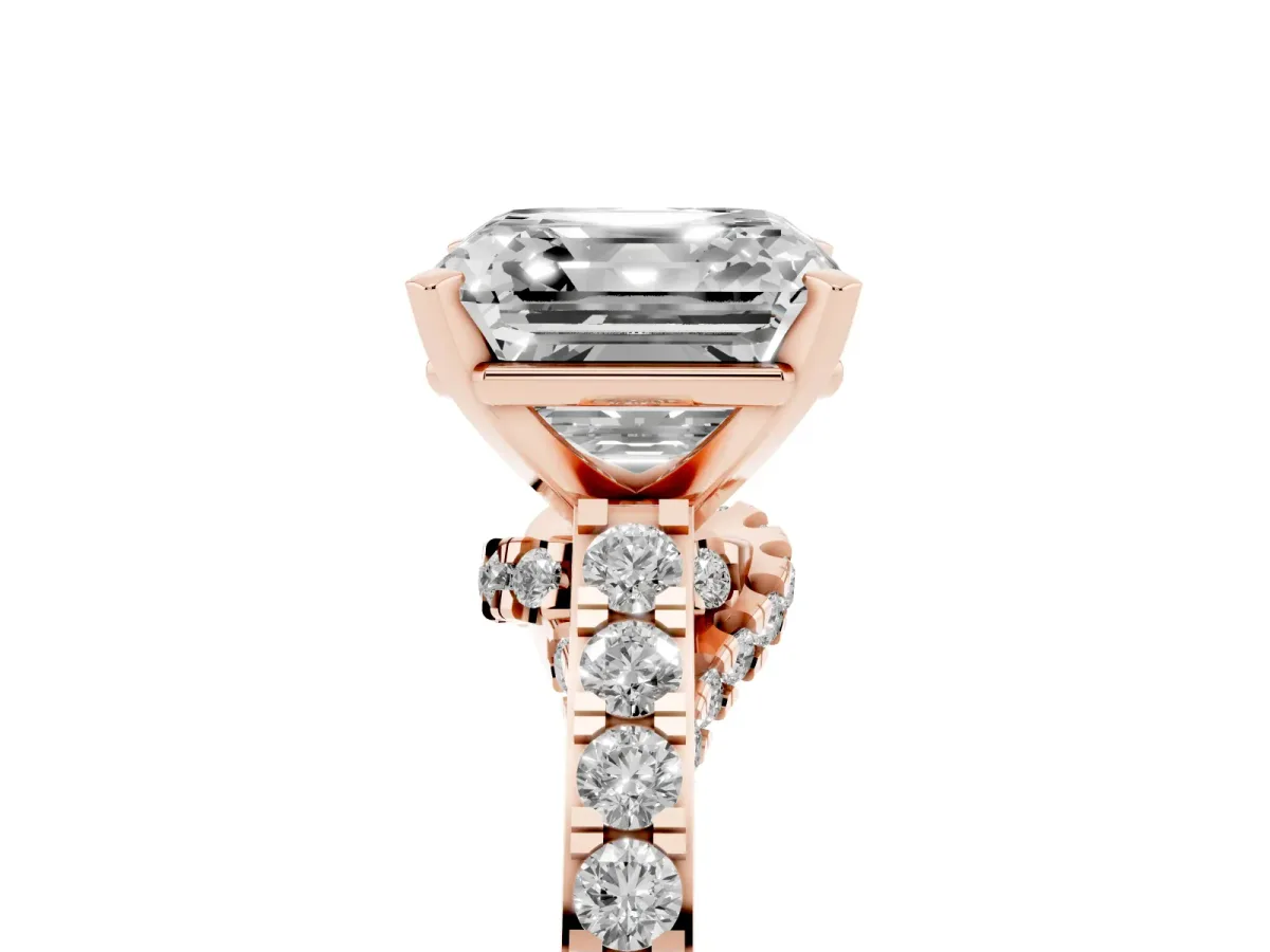 Asscher Cut Diamond Solitaire Ring with Crossover Gallery and Round Pavé Band Rose gold