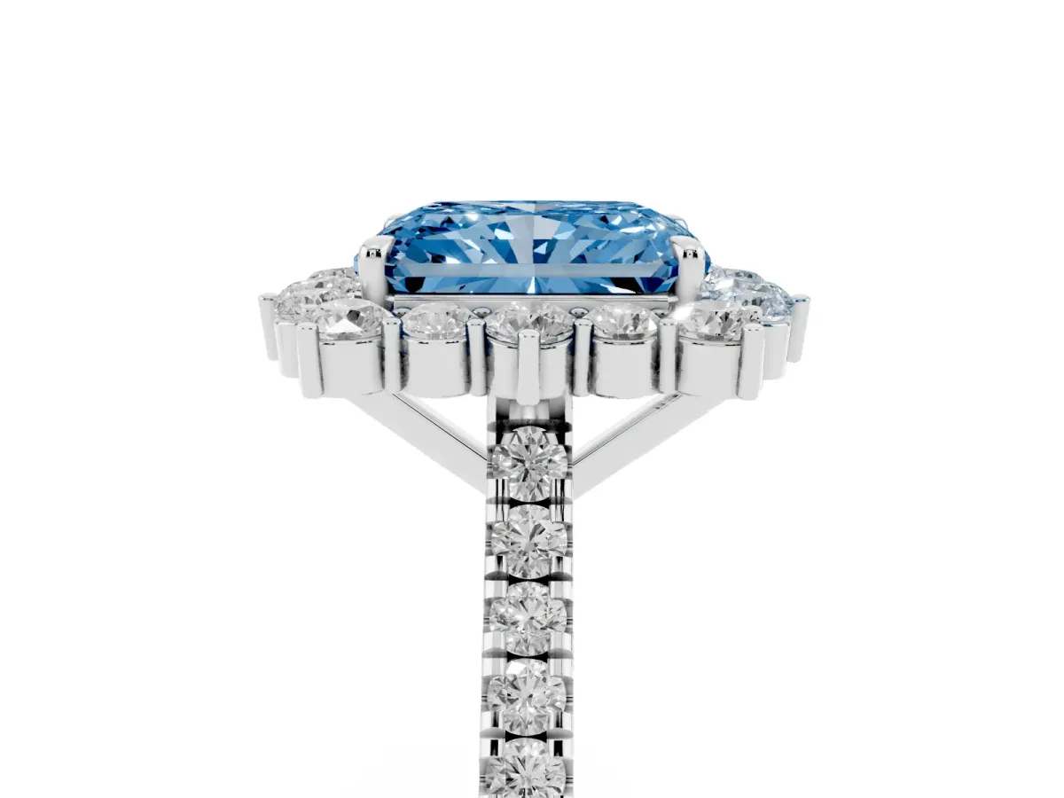 Fancy Blue Radiant Cut Halo Diamond Ring with Pavé Band and Prong Setting Silver