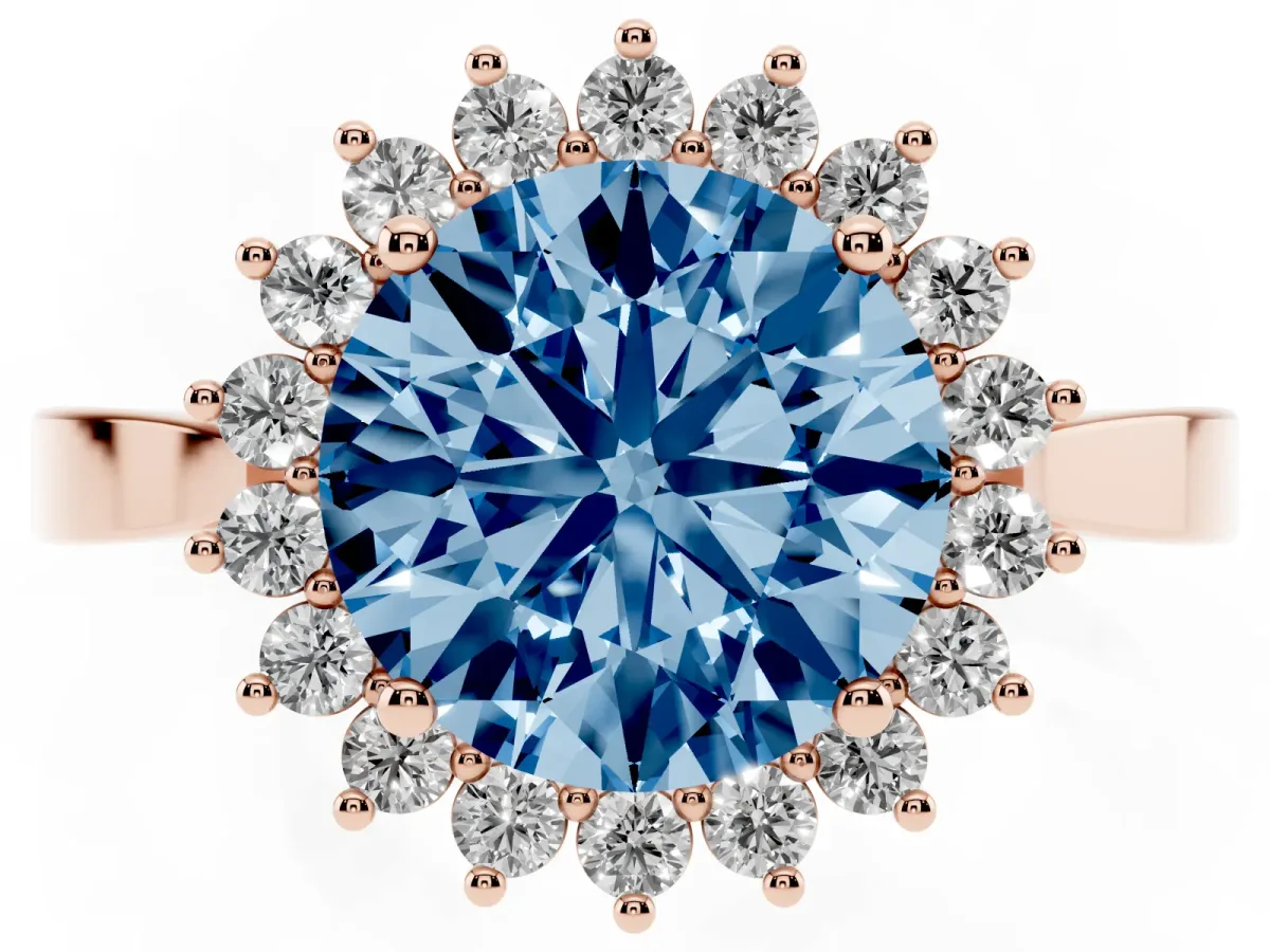 Fancy Blue Round Cut Cut Diamond Halo Ring with Round Brilliant Halo and Solitaire Band Rose gold