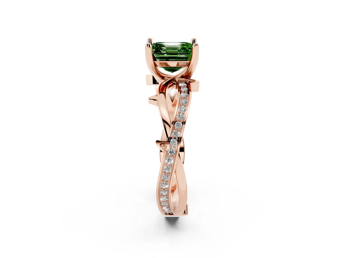 Fancy Green Asscher Cut Solitaire Twist Band with Pavé Accents and Four-Prong Setting Rose gold