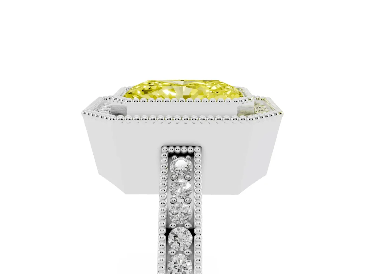 Fancy Yellow Radiant Cut Cut Halo Diamond Ring with Pavé Band and Milgrain Prong Setting Platinum