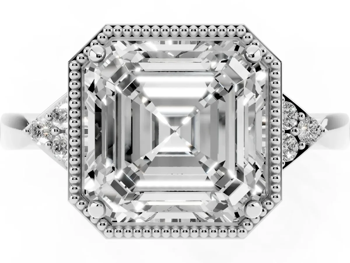 Milgrain Asscher Cut Cut Diamond Ring with Tapered Pave Band and Four Prong Setting White gold