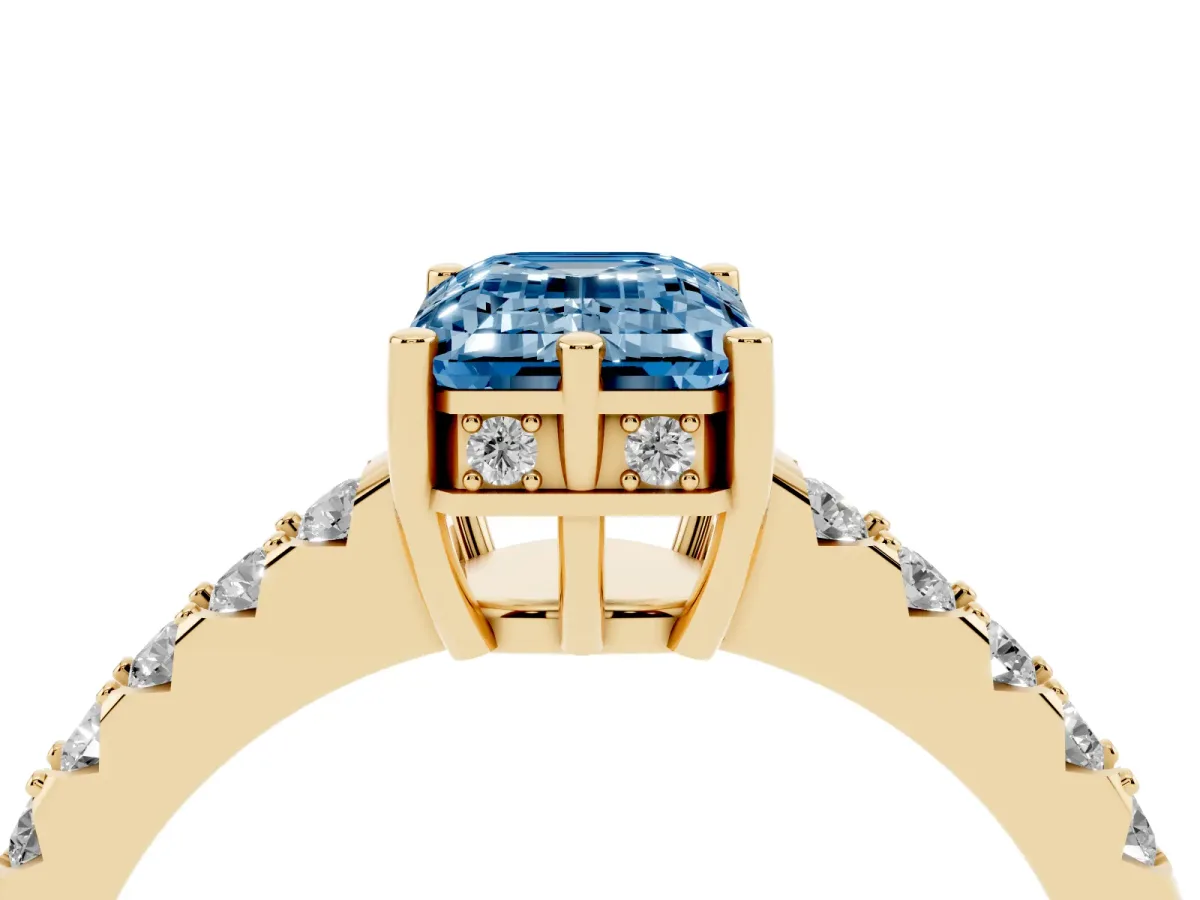 Fancy Blue Emerald Cut Solitaire Diamond Engagement Ring with Pavé Band and Six-Prong Setting Yellow gold
