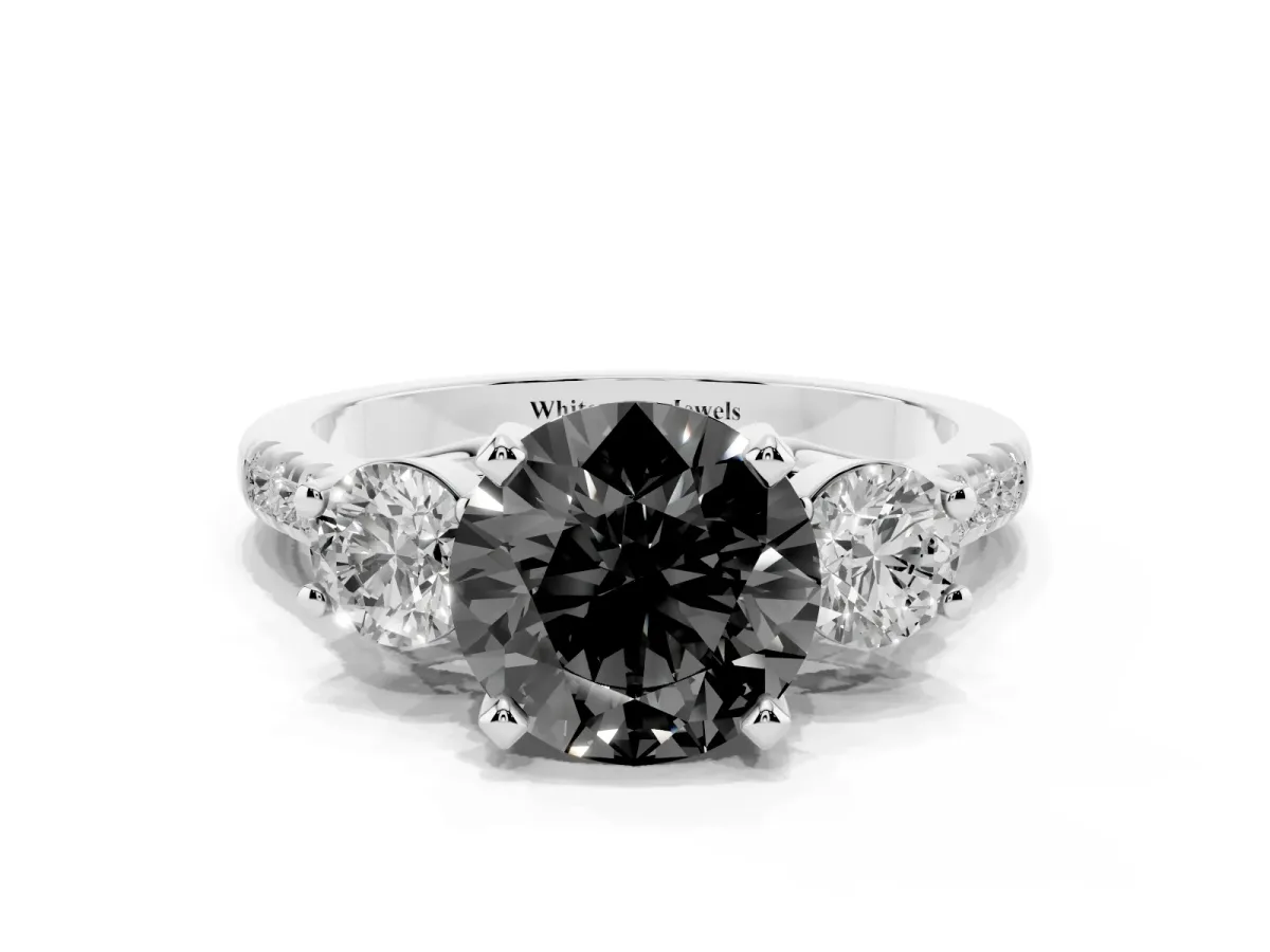 Fancy Black Three-Stone Round Cut Diamond Pavé Band with Four-Prong Setting Silver
