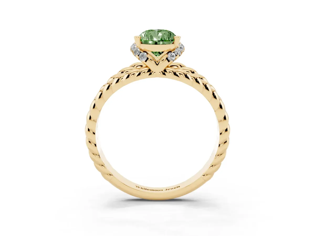 Fancy Green Pear Cut Halo Twisted Band Four-Prong Ring Yellow gold