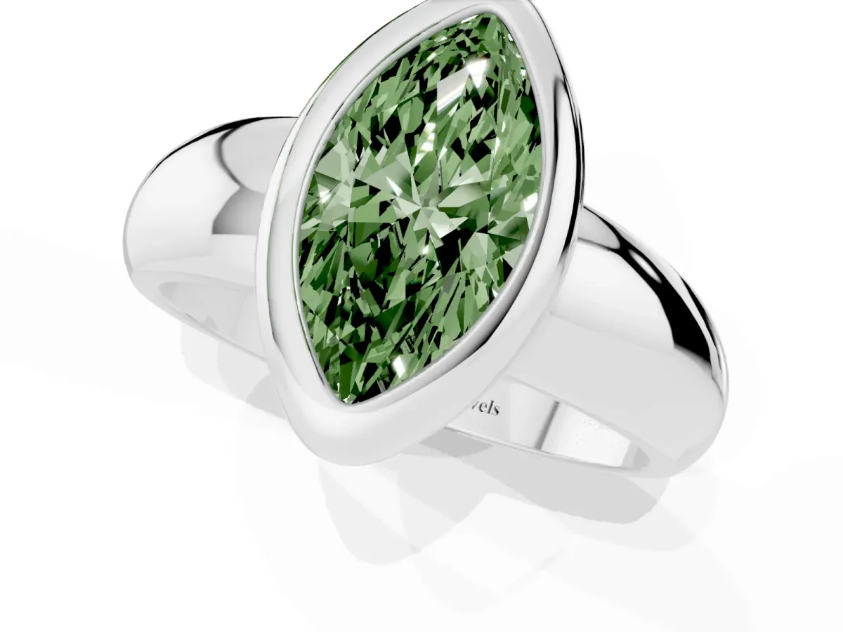 Fancy Green Bezel Set Marquise Cut Solitaire Ring with Wide Band Platinum