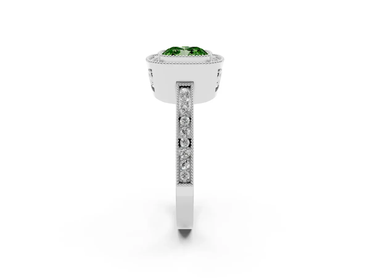Fancy Green Cushion Cut Cut Halo Diamond Ring with Pavé Band and Milgrain Prong Setting Platinum