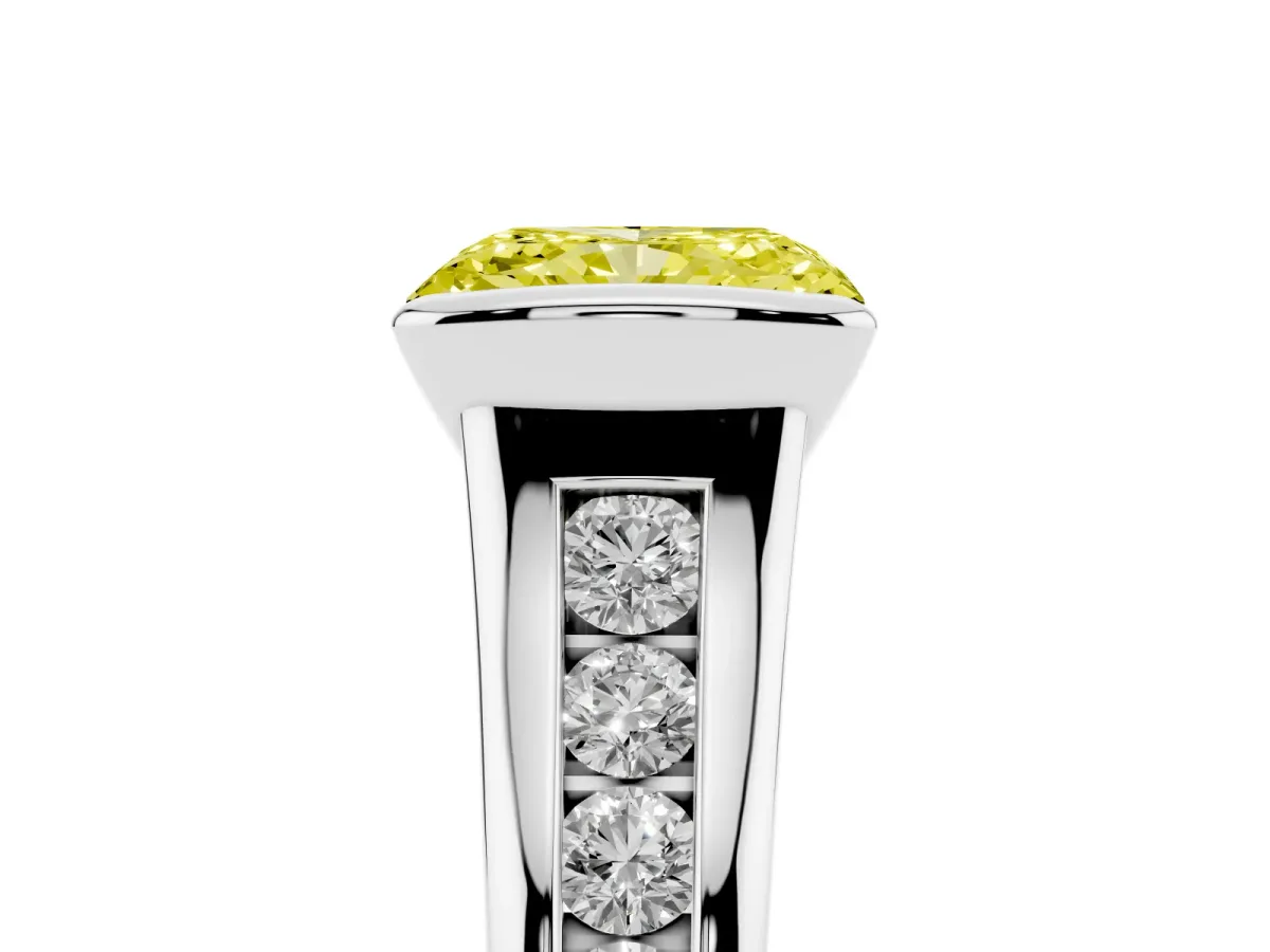 Fancy Yellow Radiant Cut Solitaire Bezel-Set Diamond Ring with Channel-Set Band Silver