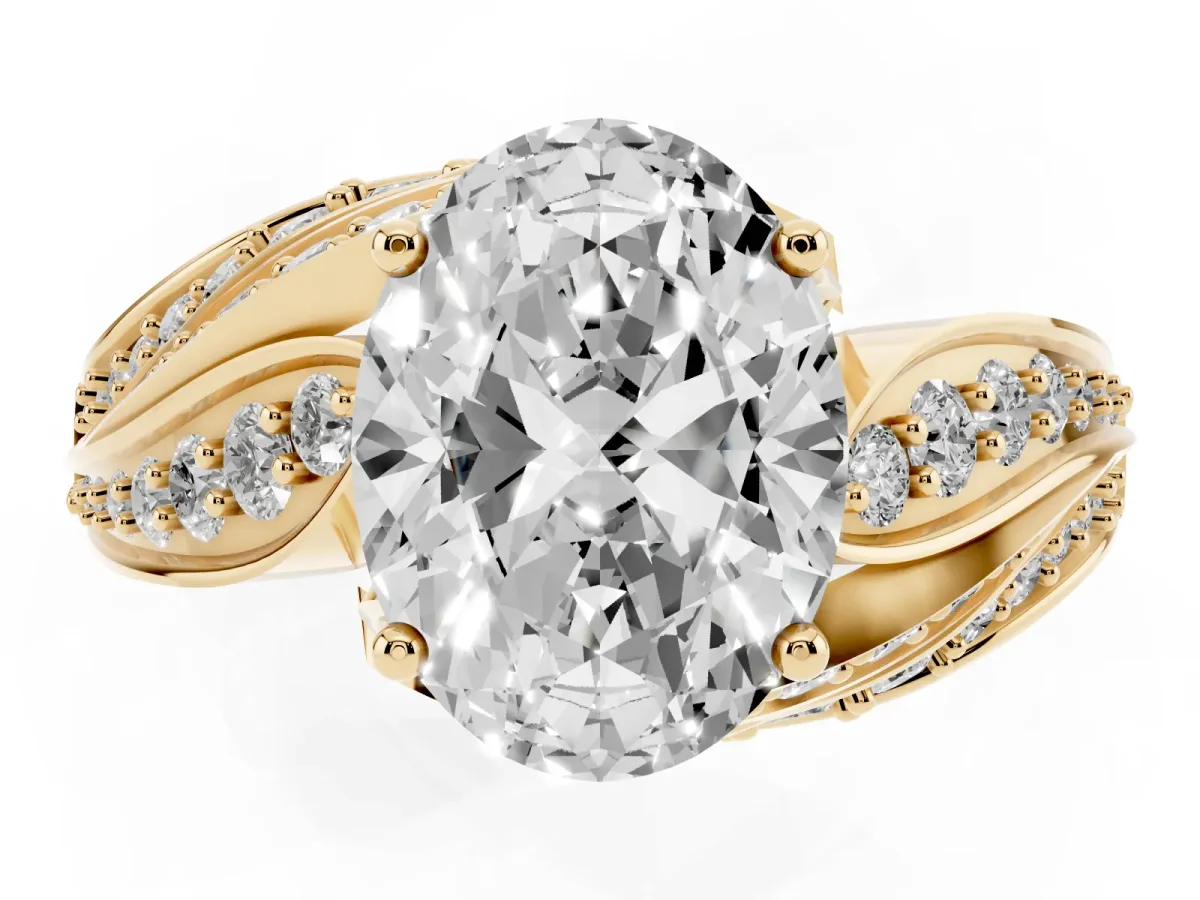 Oval Cut Diamond Solitaire Ring with Prong Setting and Twisted Pavé Band Yellow gold
