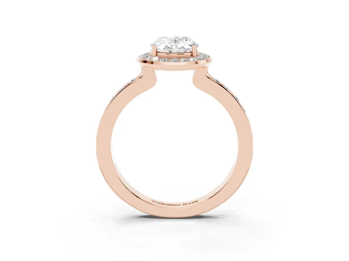 Oval Cut Diamond Halo Ring with Bezel Frame and Pavé Band Rose gold