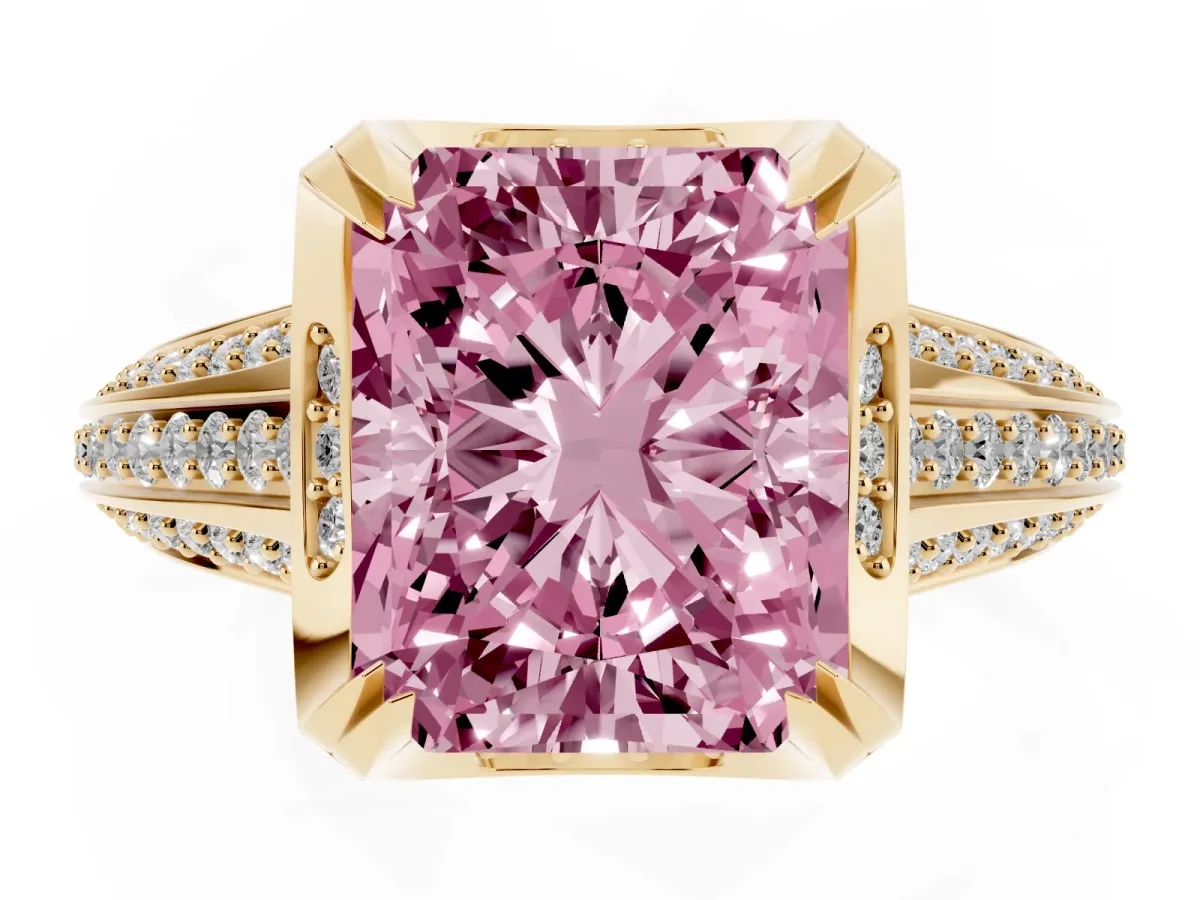 Fancy Pink Radiant Cut Solitaire Pave Split Shank Ring with Four-Prong Setting Yellow gold