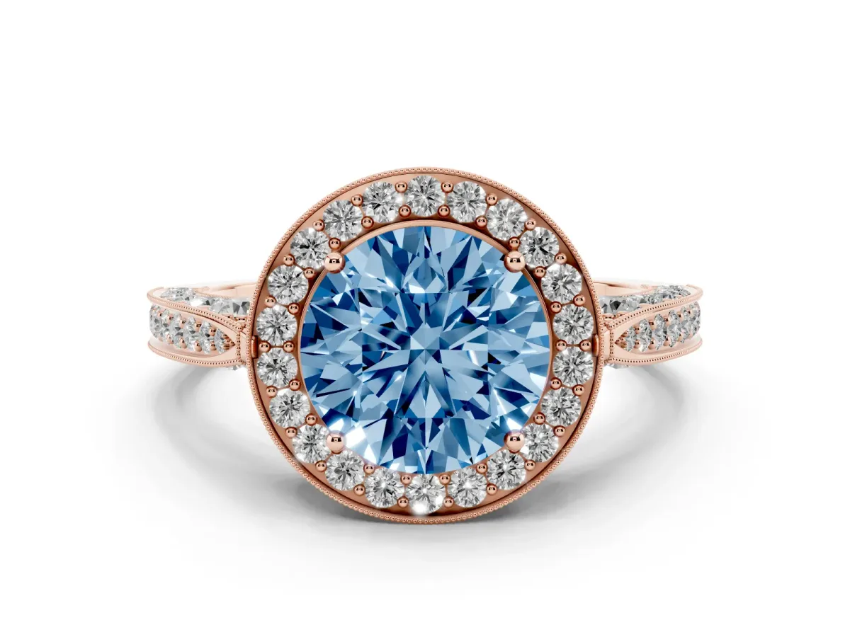 Fancy Blue Round Cut Halo Diamond Engagement Ring with Split Shank Band and Four-Prong Setting Rose gold