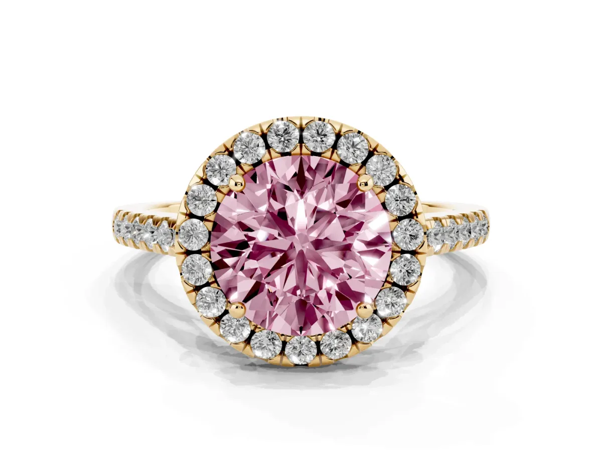 Fancy Pink Round Cut Halo Pavé Diamond Engagement Ring with Four-Prong Setting Yellow gold