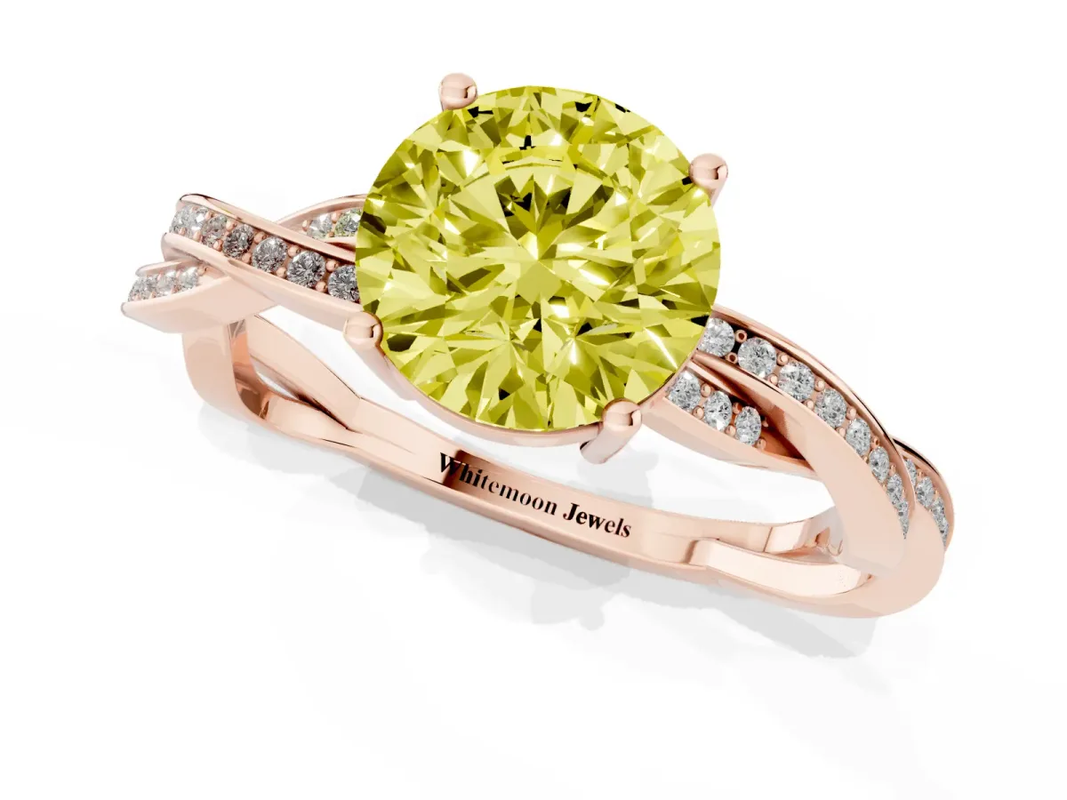 Fancy Yellow Round Cut Solitaire Twisted Pave Diamond Ring with Four-Prong Setting Rose gold