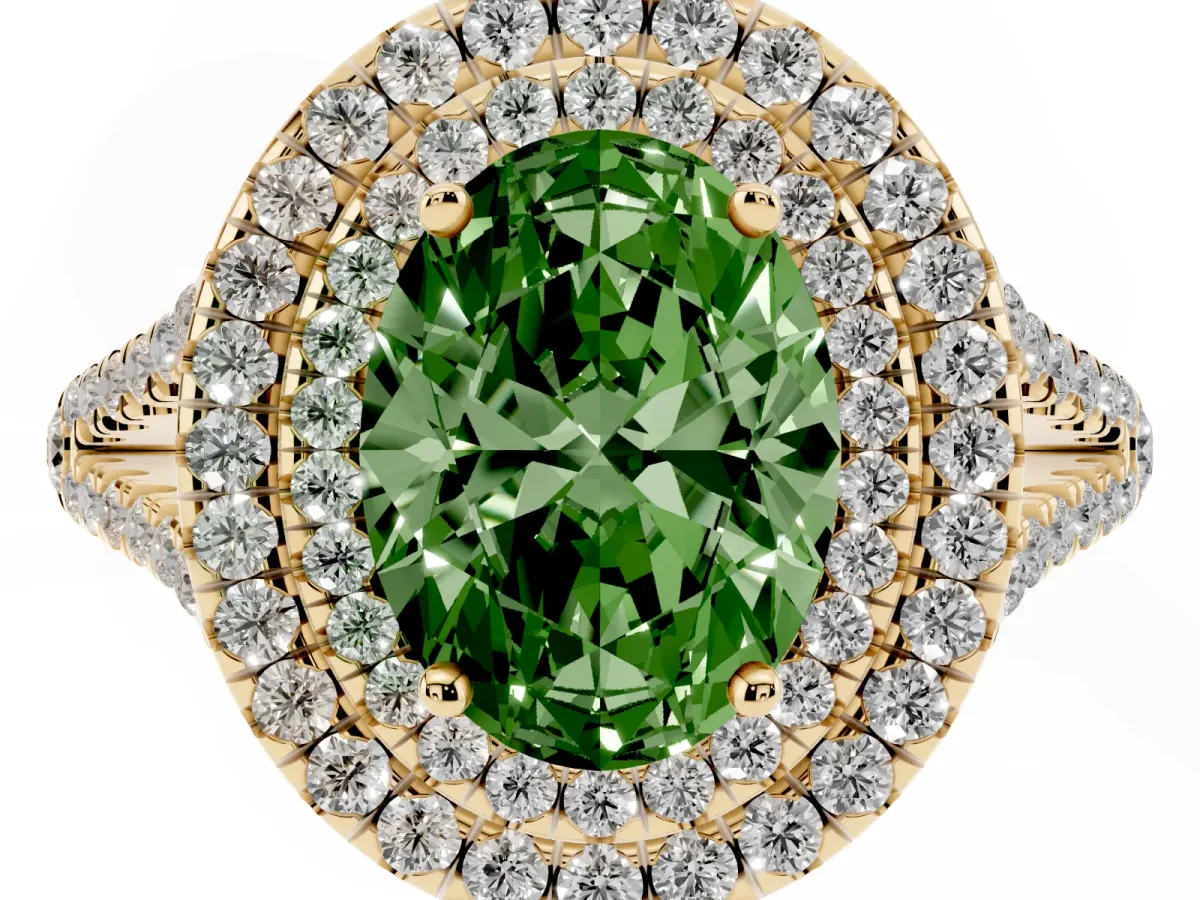 Fancy Green Oval Cut Diamond Double Halo Ring with Pavé Band and Prong Setting Yellow gold