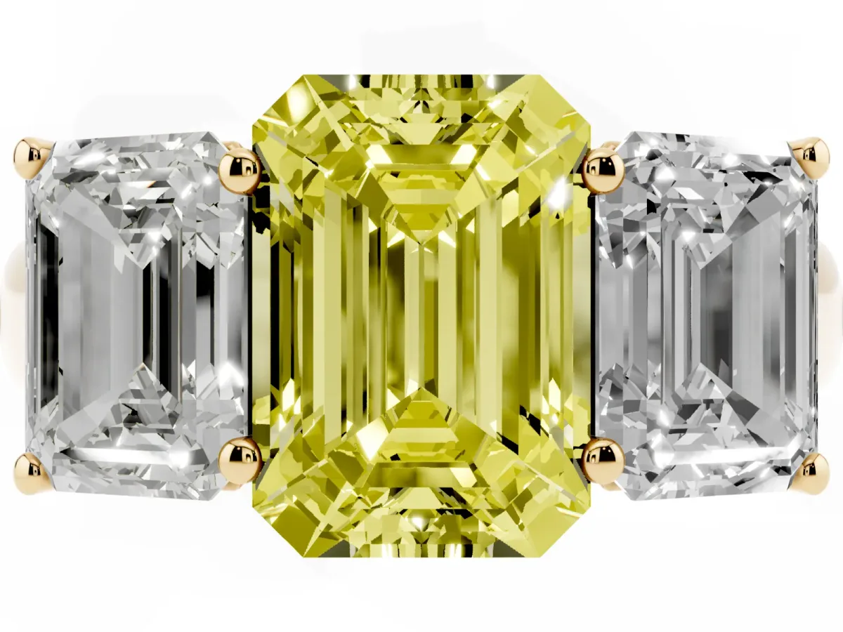 Fancy Yellow Emerald Cut Three-Stone Diamond Ring with Prong Setting on a Classic Band Yellow gold