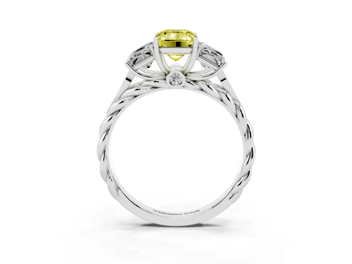 Fancy Yellow Three-Stone Radiant Cut Diamond Braided Band Ring with Four-Prong Setting Silver