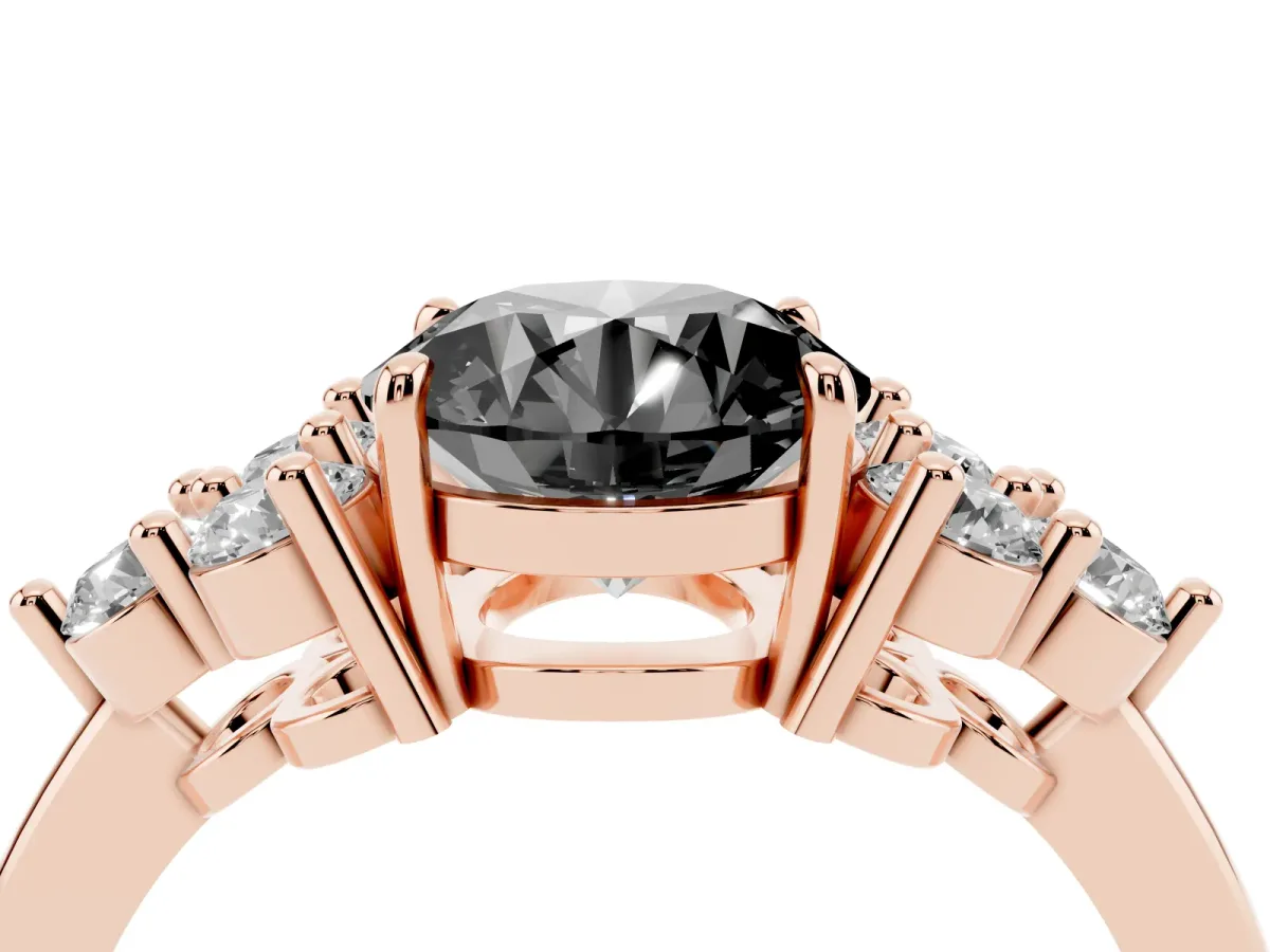Fancy Black Round Cut Brilliant Diamond Cluster Accent Solitaire Ring with Prong Setting Rose gold