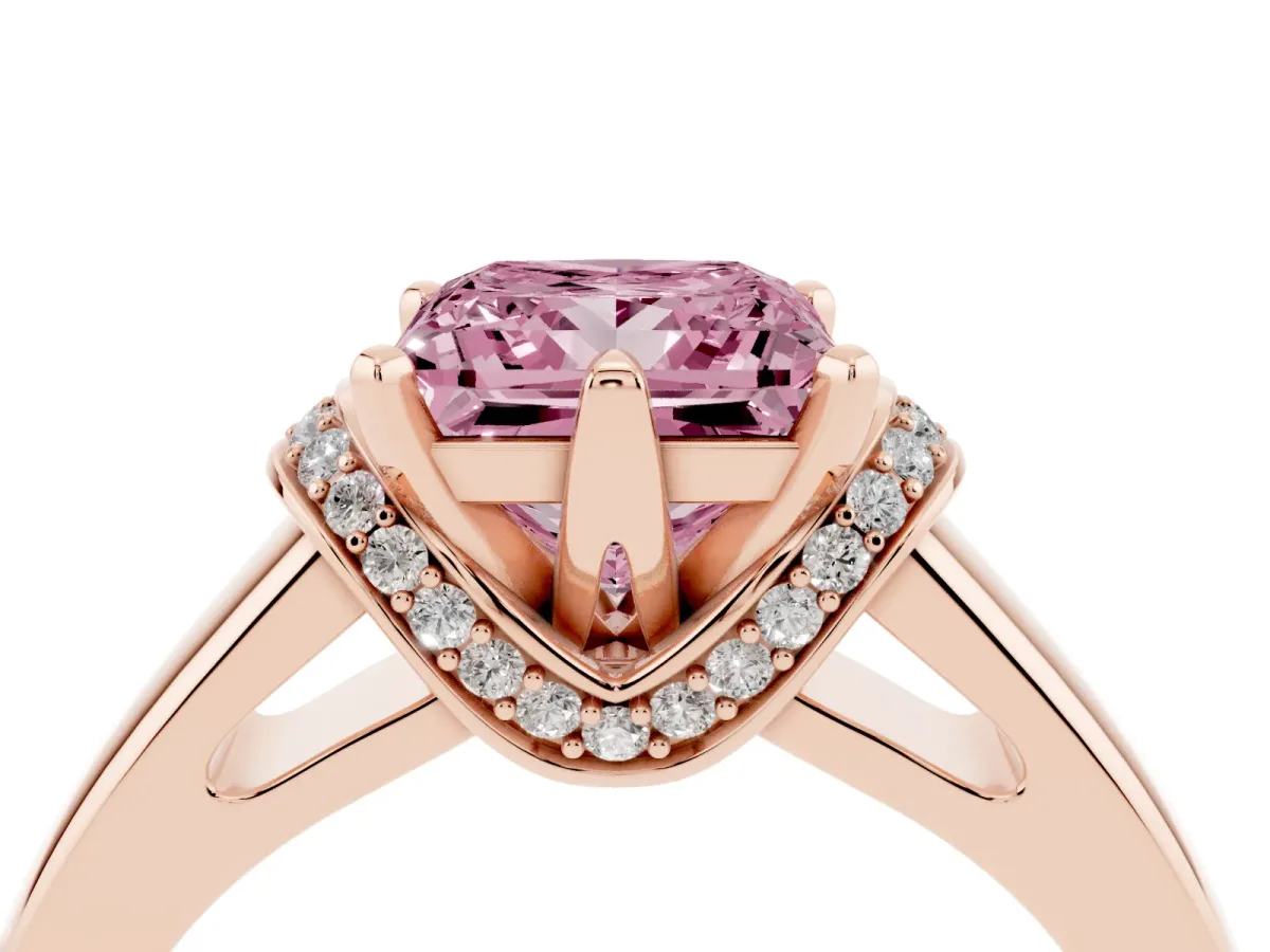 Fancy Pink Princess Cut Solitaire Diamond Ring with Pave Band and Six-Prong Setting Rose gold