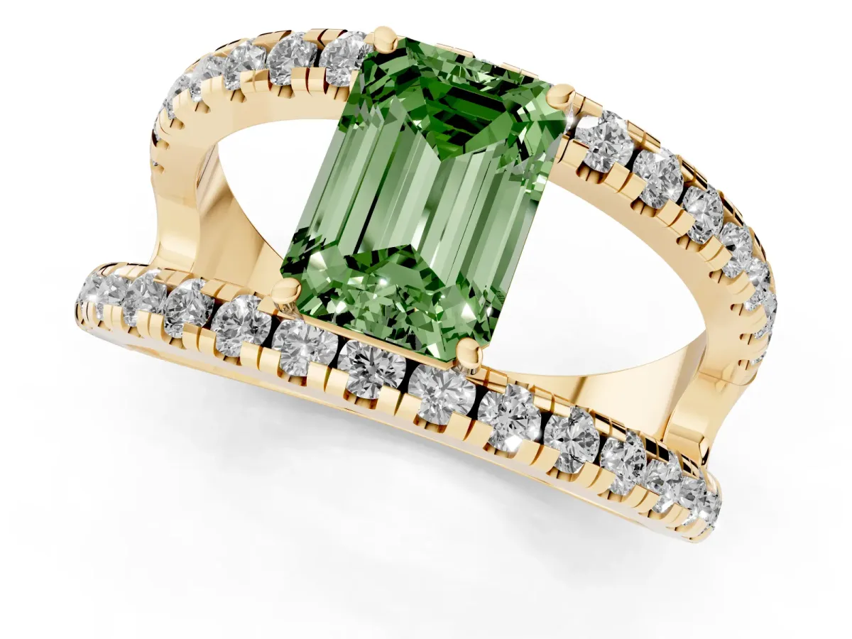 Fancy Green Emerald Cut Solitaire Split Shank Pave Diamond Ring Yellow gold
