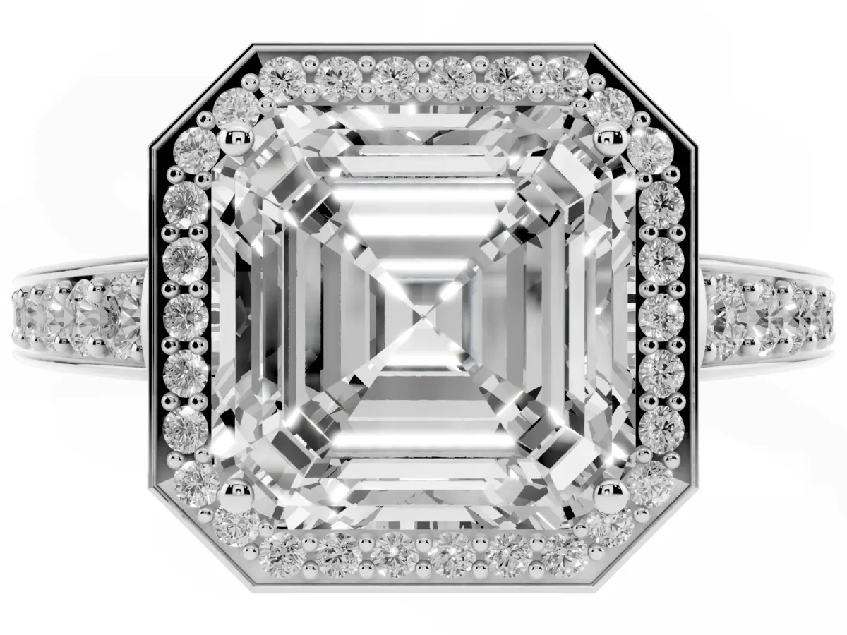 Asscher Cut Halo Pavé Diamond Engagement Ring with Bezel Setting Platinum