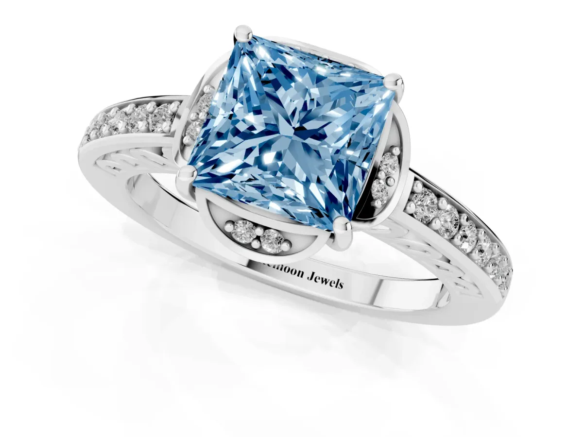 Fancy Blue Princess Cut Cut Halo Diamond Ring with Channel Set Band and Four-Prong Setting Silver