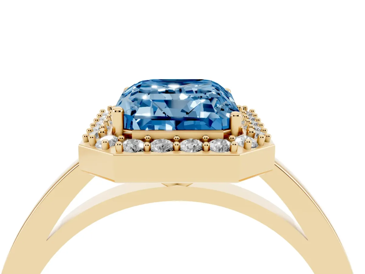 Fancy Blue Radiant Cut Halo Diamond Ring with Solitaire Band and Prong Setting Yellow gold