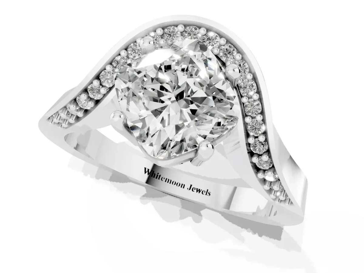 Cushion Cut Solitaire Diamond Engagement Ring with Pave Band and Four-Prong Setting Platinum