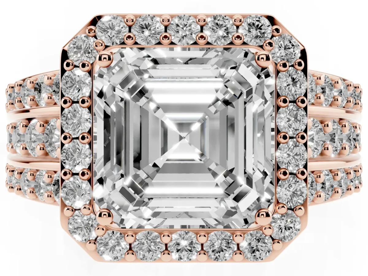 Asscher Cut Halo Diamond Ring with Round Split Shank and Prong Setting Rose gold