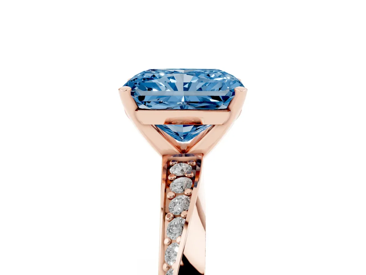 Fancy Blue Radiant Cut Diamond Engagement Ring with Side Stone Accents and Four-Prong Setting Rose gold