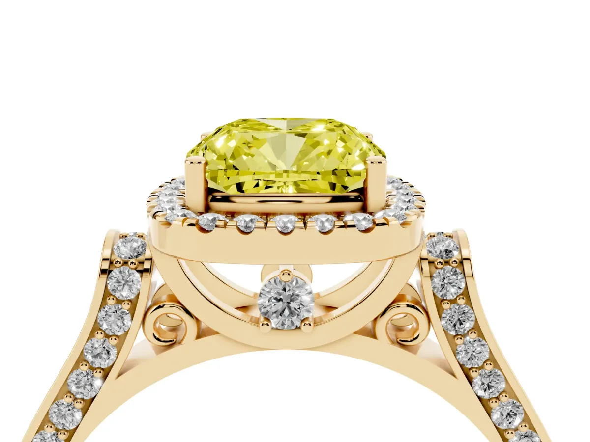 Fancy Yellow Cushion Cut Halo Pave Split Shank Prong Setting Ring Yellow gold