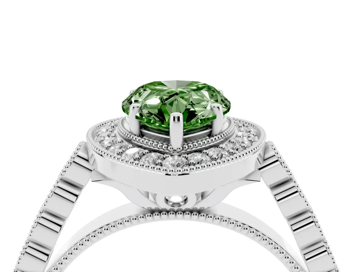 Fancy Green Pear Cut Halo Milgrain Solitaire with Bezel Set Side Stones and Pave Band Silver