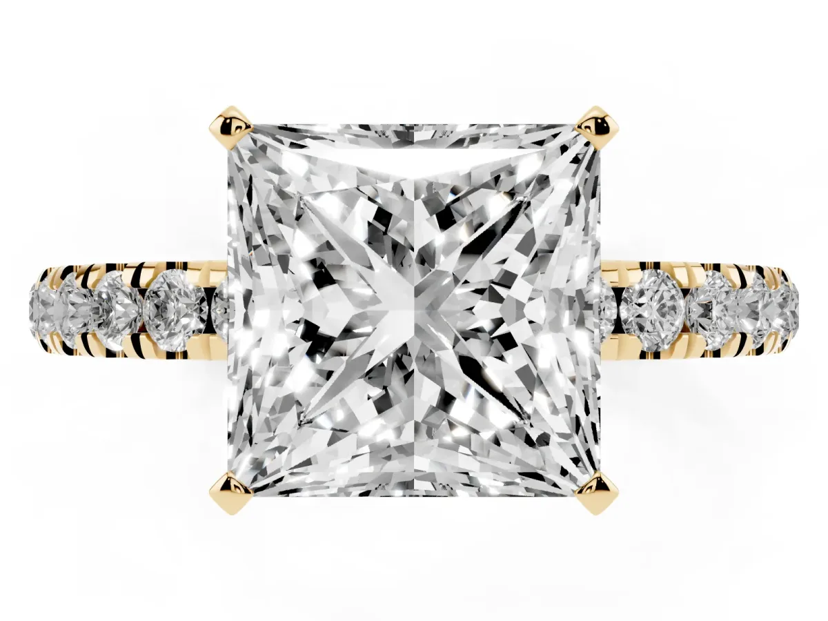 Princess Cut Diamond Solitaire Ring with Pavé Accents and Four-Prong Setting Yellow gold