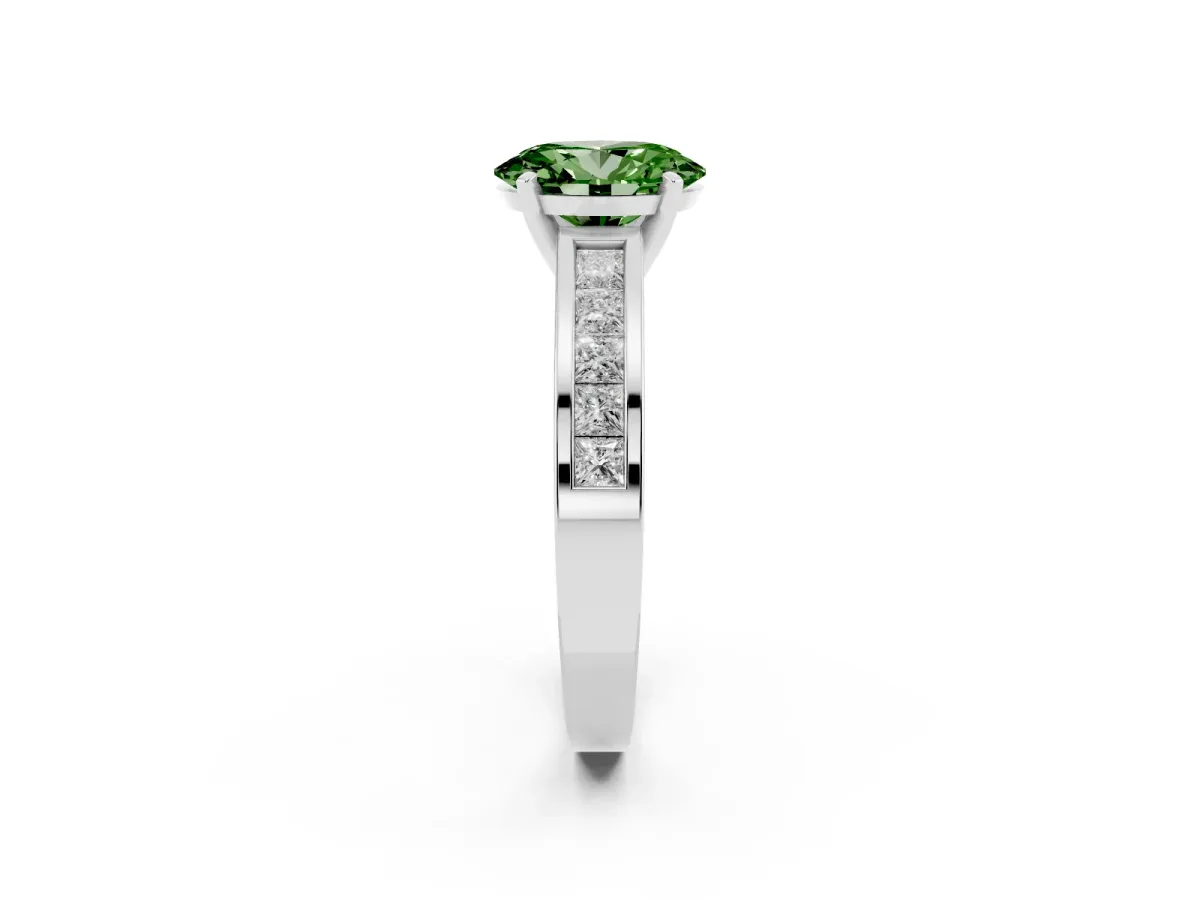 Fancy Green Oval Cut Solitaire Diamond Ring with Channel-Set Band and Four-Prong Setting Silver