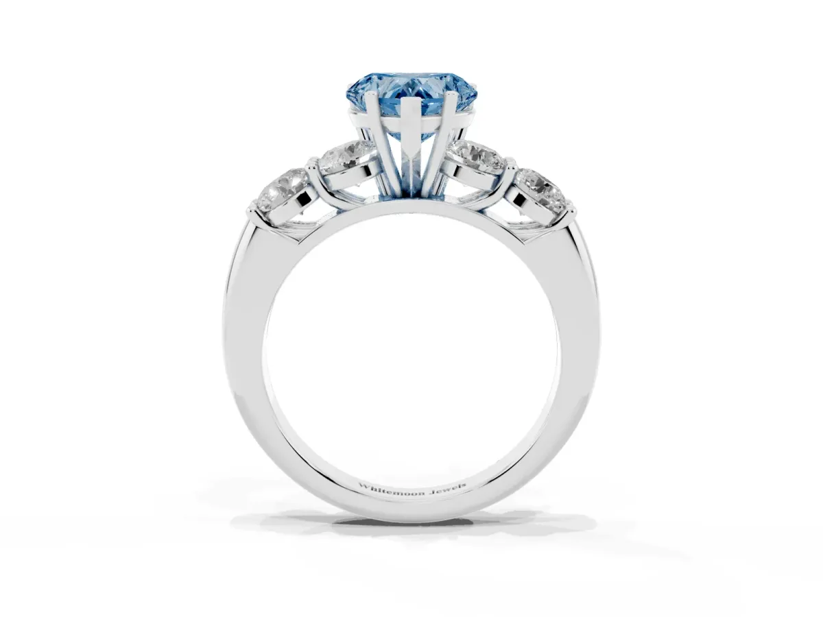 Fancy Blue Heart Cut Cut Five-Stone Prong Set Diamond Ring with Classic Band Silver