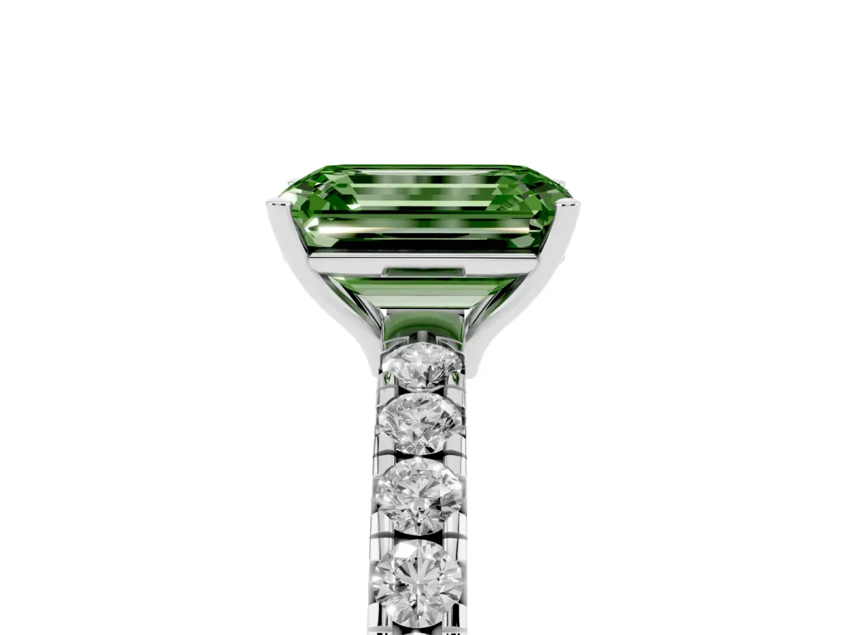 Fancy Green Emerald Cut Diamond Pavé Solitaire Engagement Ring with Four-Prong Setting Platinum