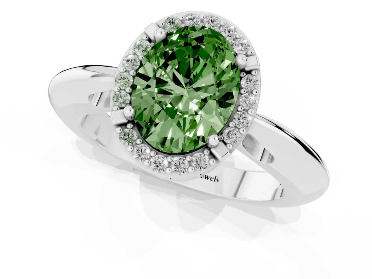 Fancy Green Oval Cut Cut Diamond Halo Engagement Ring with Split Shank and Four-Prong Setting Silver