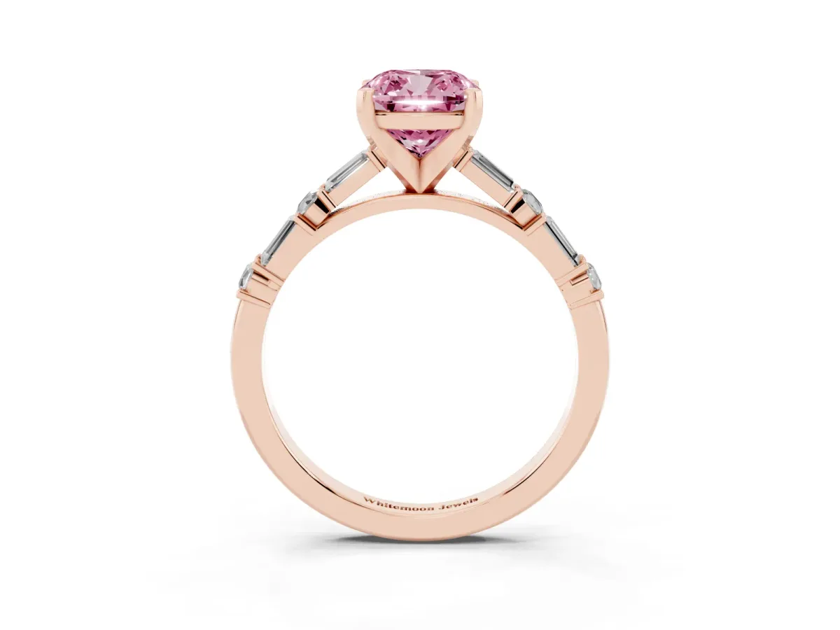 Fancy Pink Cushion Cut Diamond Solitaire with Side Baguettes and Channel Set Band Rose gold