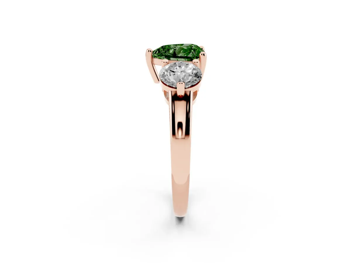 Fancy Green Three-Stone Heart Cut Brilliant Cut Solitaire Ring with Prong Setting on a Classic Band Rose gold