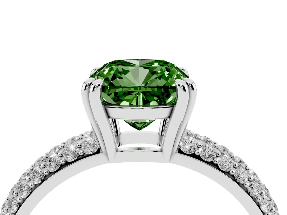 Fancy Green Cushion Cut Diamond Solitaire Ring with Multi-Row Round Pavé Band and Prong Setting Silver