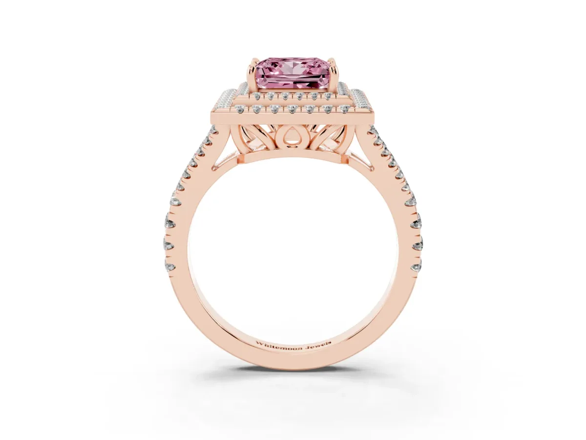 Fancy Pink Princess Cut Diamond Double Halo Ring with Pavé Band and Prong Setting Rose gold