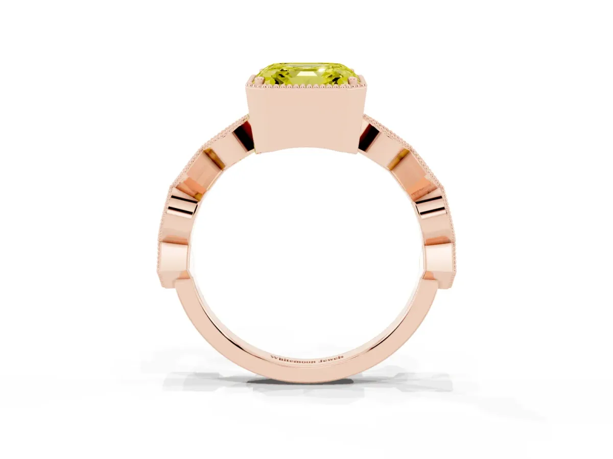 Fancy Yellow Asscher Cut Milgrain Marquise Diamond Twist Band Ring Rose gold