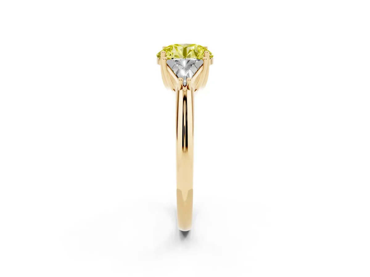 Fancy Yellow Three-Stone Round Cut Diamond Engagement Ring with Trillion Side Stones and Prong Setting Yellow gold