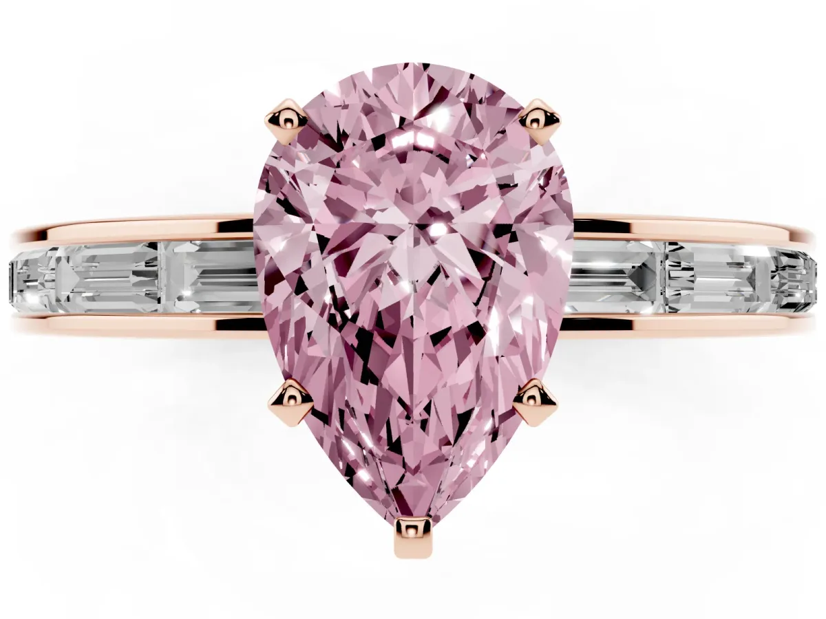 Fancy Pink Pear Cut Solitaire Diamond Ring with Channel-Set Baguette Band and Four-Prong Setting Rose gold
